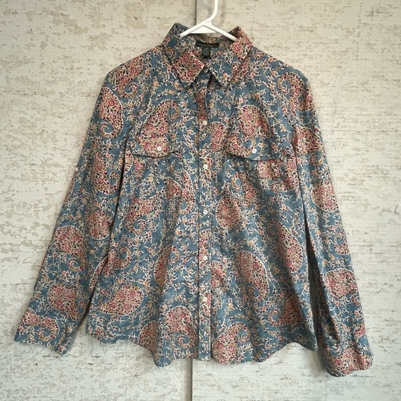 Ralph Lauren Jeans Blue Moody Floral Print Blouse Sz L Button Up Cuffed Sleeve - Picture 1 of 16